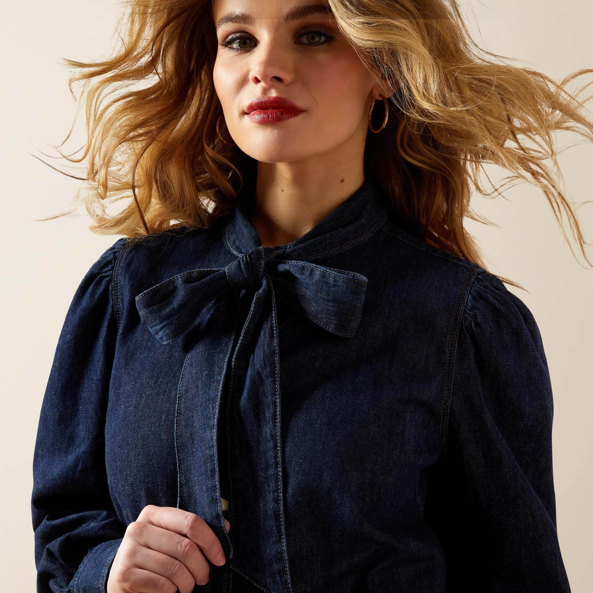 Puff Sleeve Denim Snap Shirt